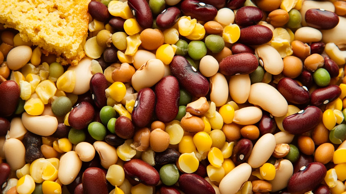 A plate of beans and cornbread served with classic sides like collard greens, fried potatoes, and coleslaw.