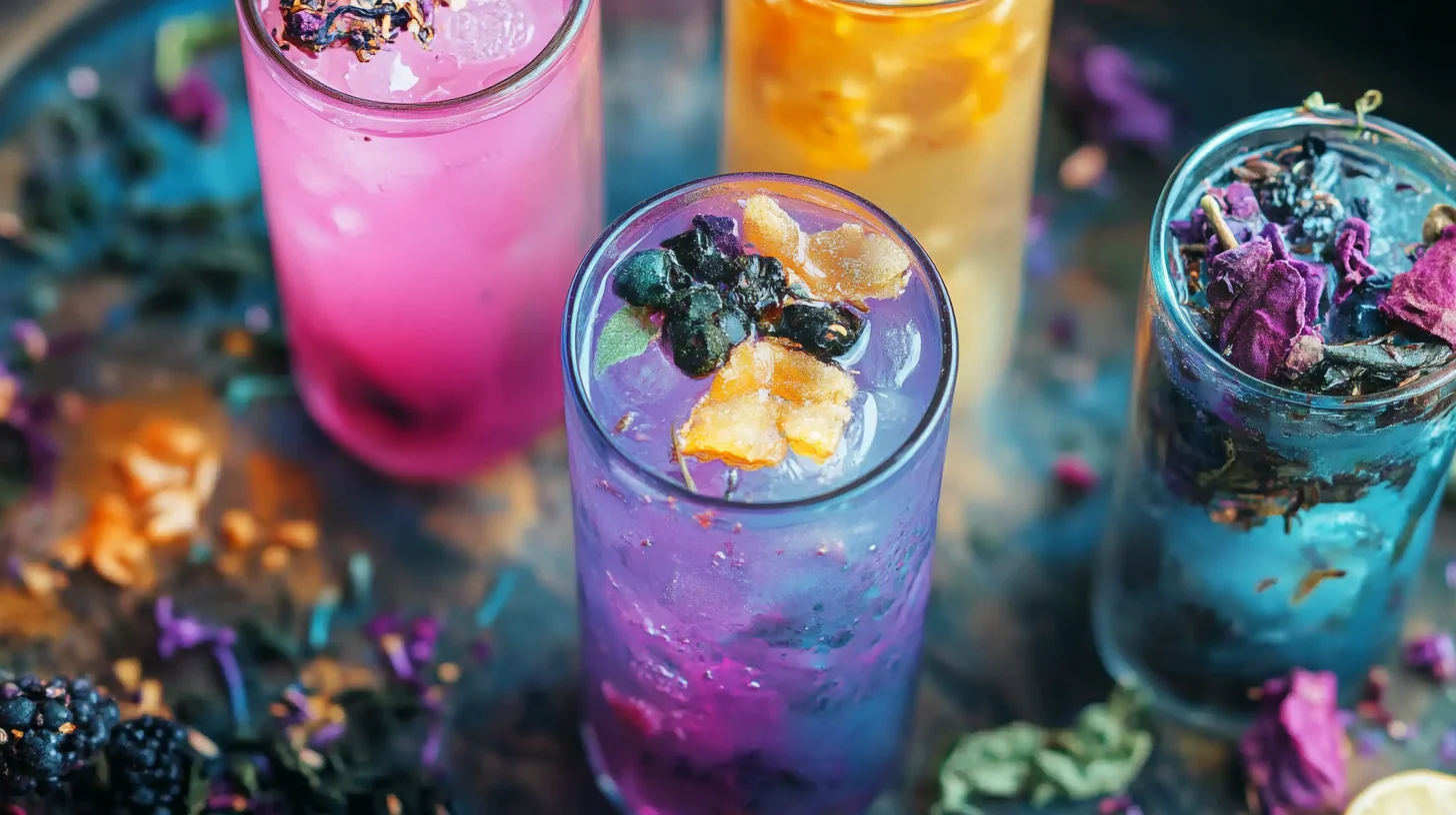 A colorful glass of loaded tea with ice and fruit slices, advertised as an energy-boosting and metabolism-supporting drink.