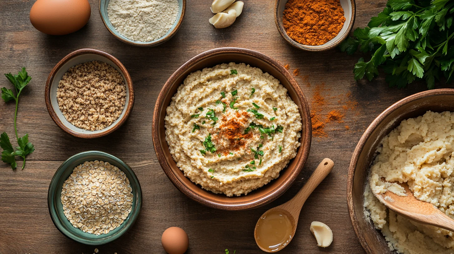 A selection of vegan egg substitutes for meatloaf, including flax eggs, chia eggs, mashed potatoes, and breadcrumbs, displayed in small bowls on a wooden countertop.