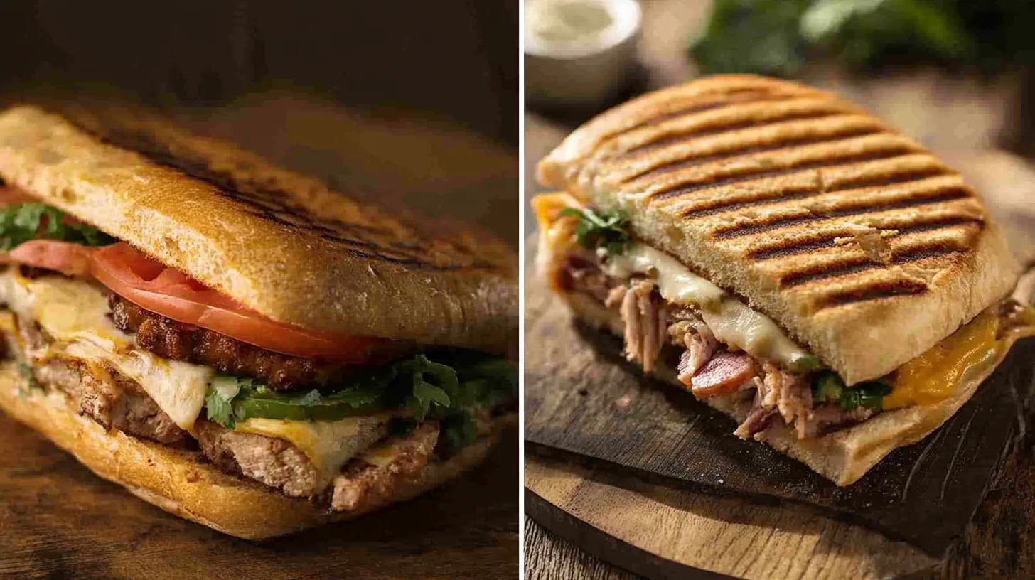 A side-by-side comparison of a classic Cubano and a traditional Cuban sandwich, both filled with roasted pork, ham, Swiss cheese, pickles, and mustard on Cuban bread.