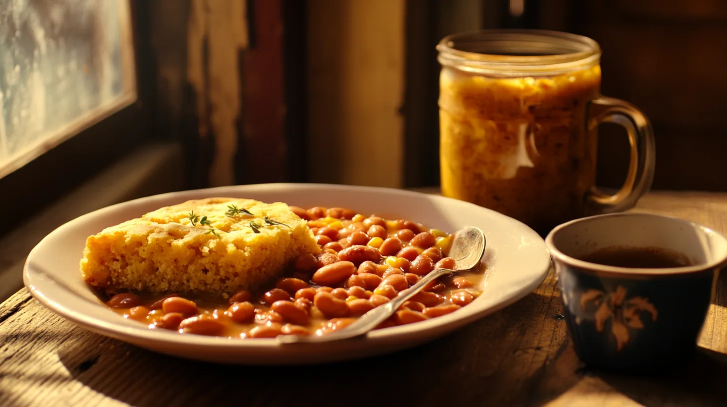 A plate of beans and cornbread served with classic sides like collard greens, fried potatoes, and coleslaw.