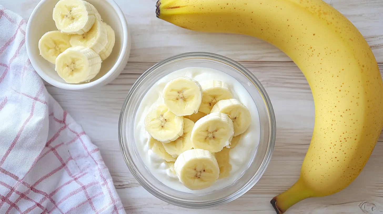Side-by-side comparison of Greek yogurt and bananas on a wooden table, showcasing their use in baking and substitution options.