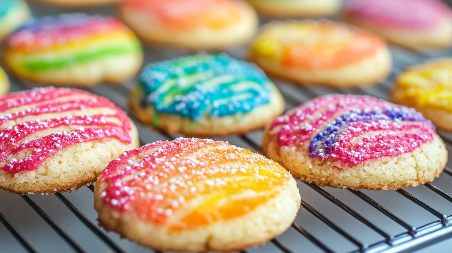 Colorful decorated cookies arranged on a baking tray, showcasing vibrant royal icing designs and creative patterns.