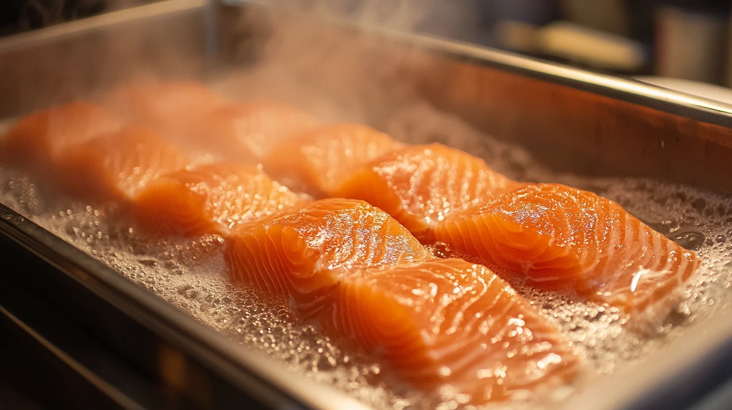 Fresh salmon fillets soaking in a bowl of cold water with lemon slices and dill, demonstrating preparation techniques.