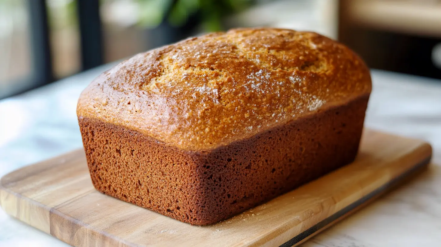 A sliced loaf of banana bread with a dry texture on a wooden cutting board, highlighting common causes and solutions for dryness.