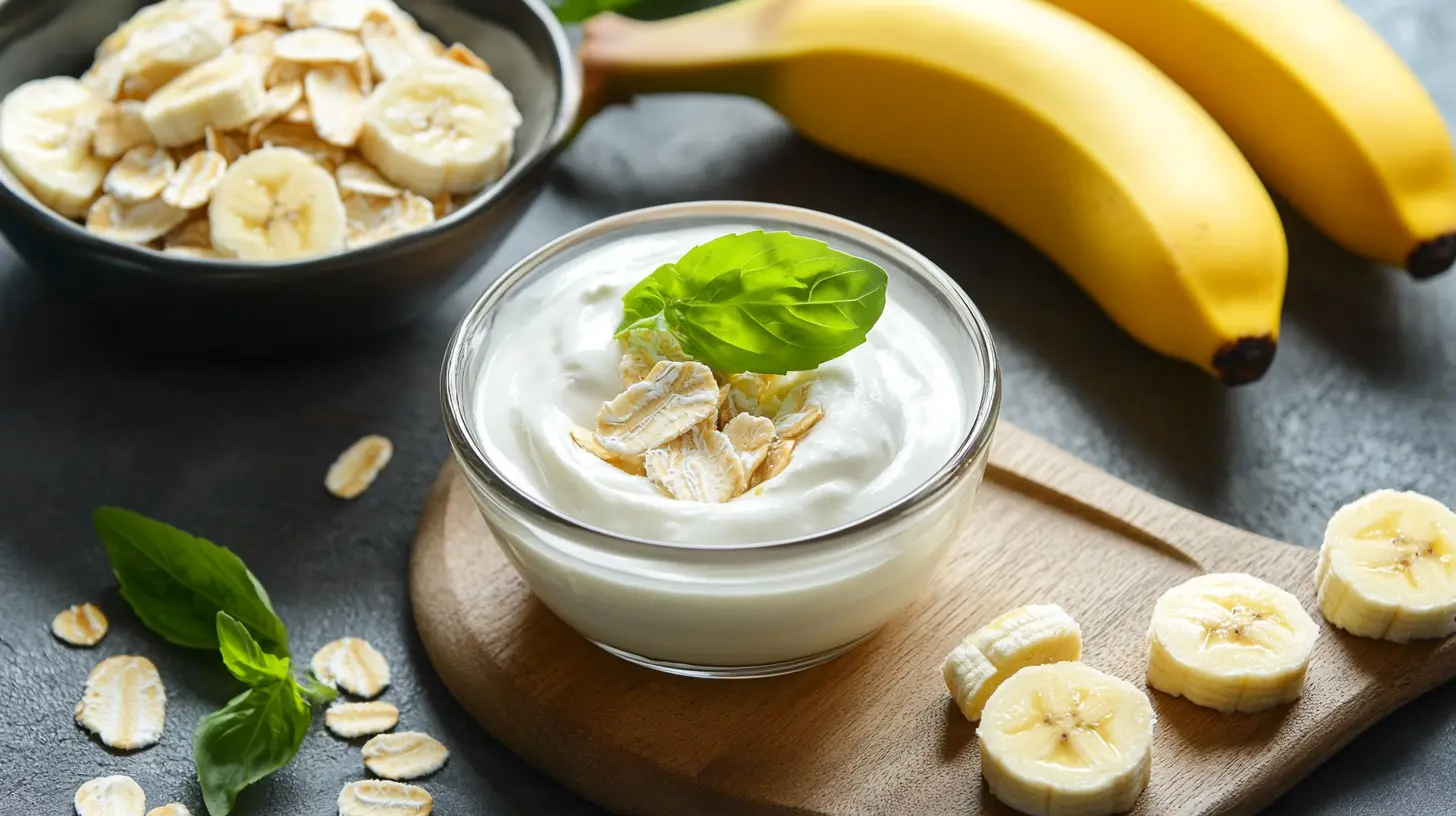 Side-by-side comparison of Greek yogurt and bananas on a wooden table, showcasing their use in baking and substitution options.