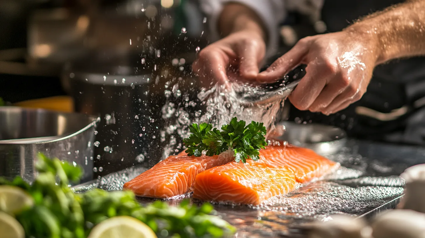 Fresh salmon fillets soaking in a bowl of cold water with lemon slices and dill, demonstrating preparation techniques.
