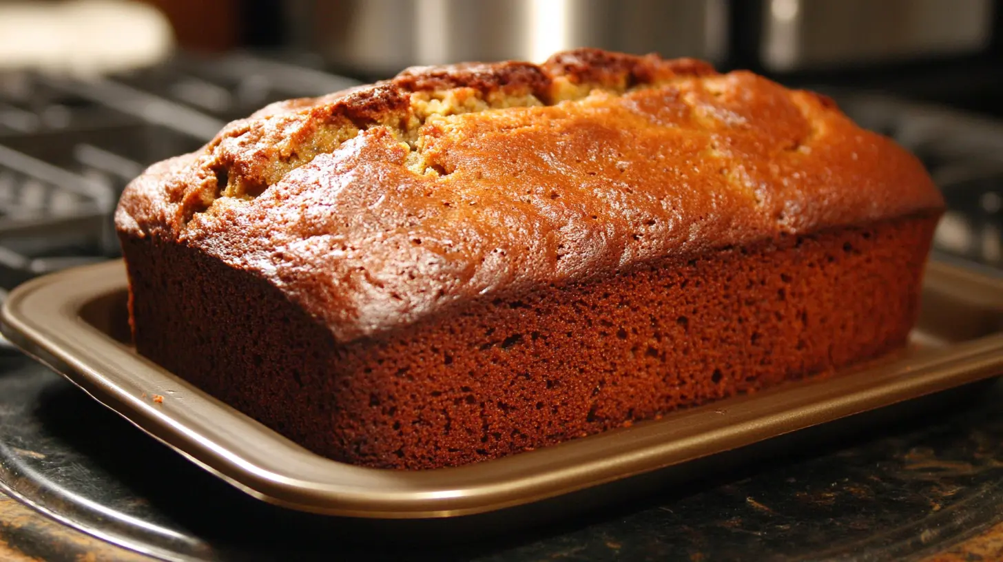A sliced loaf of banana bread with a dry texture on a wooden cutting board, highlighting common causes and solutions for dryness.