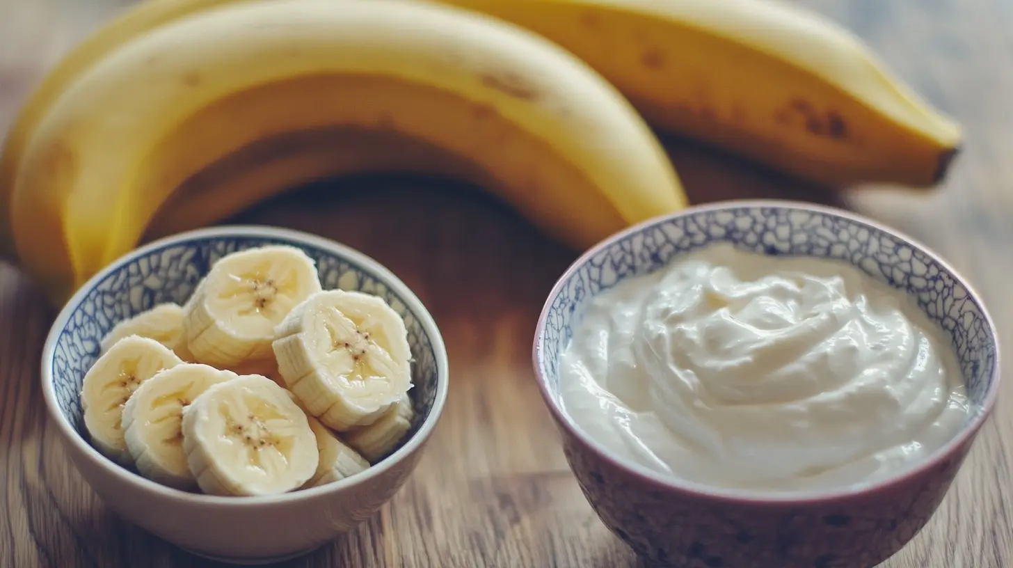 Side-by-side comparison of Greek yogurt and bananas on a wooden table, showcasing their use in baking and substitution options.