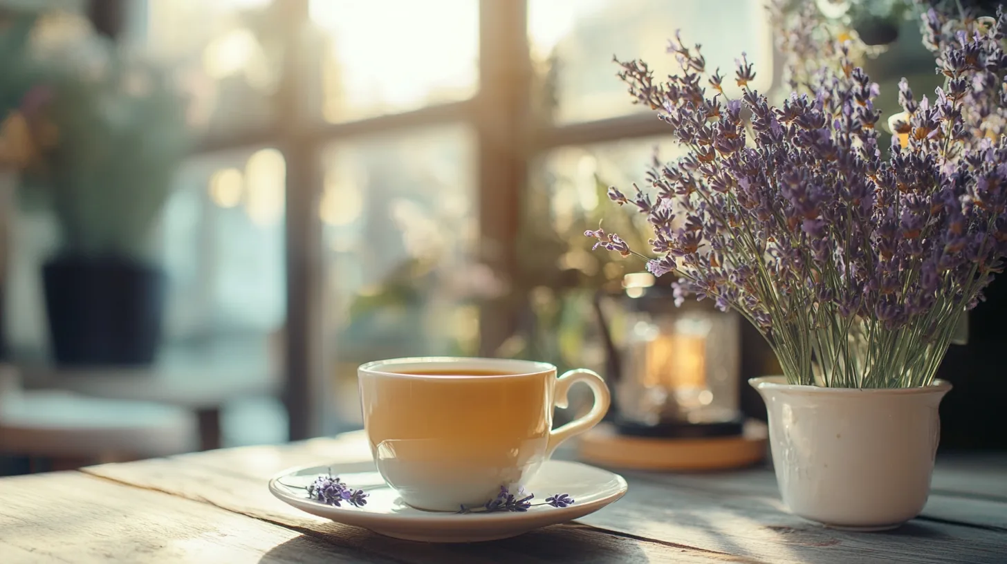 A cup of lavender Earl Grey tea with fresh lavender sprigs and lemon slices on a wooden tray, showcasing a harmonious flavor pairing.