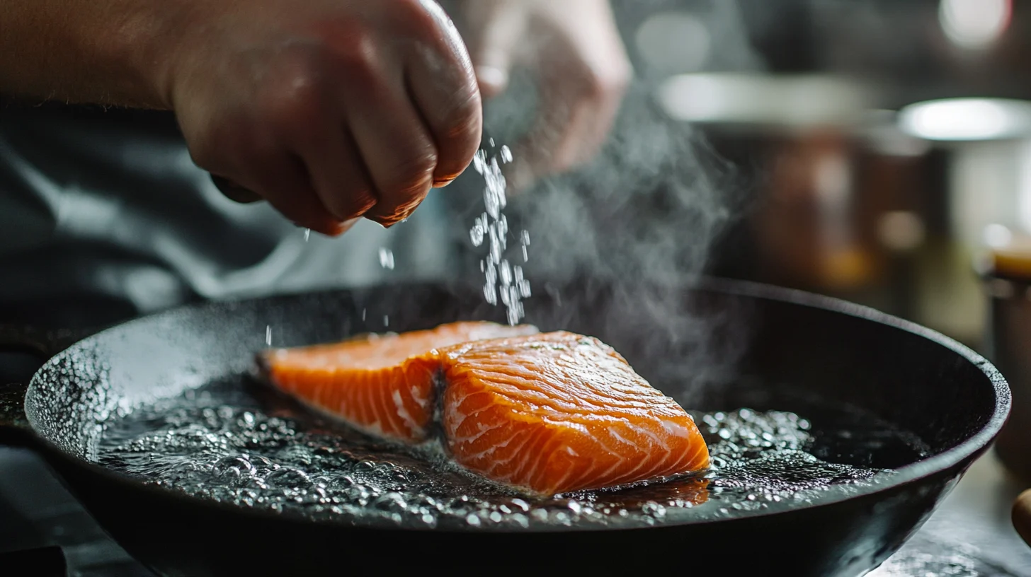 Fresh salmon fillets soaking in a bowl of cold water with lemon slices and dill, demonstrating preparation techniques.