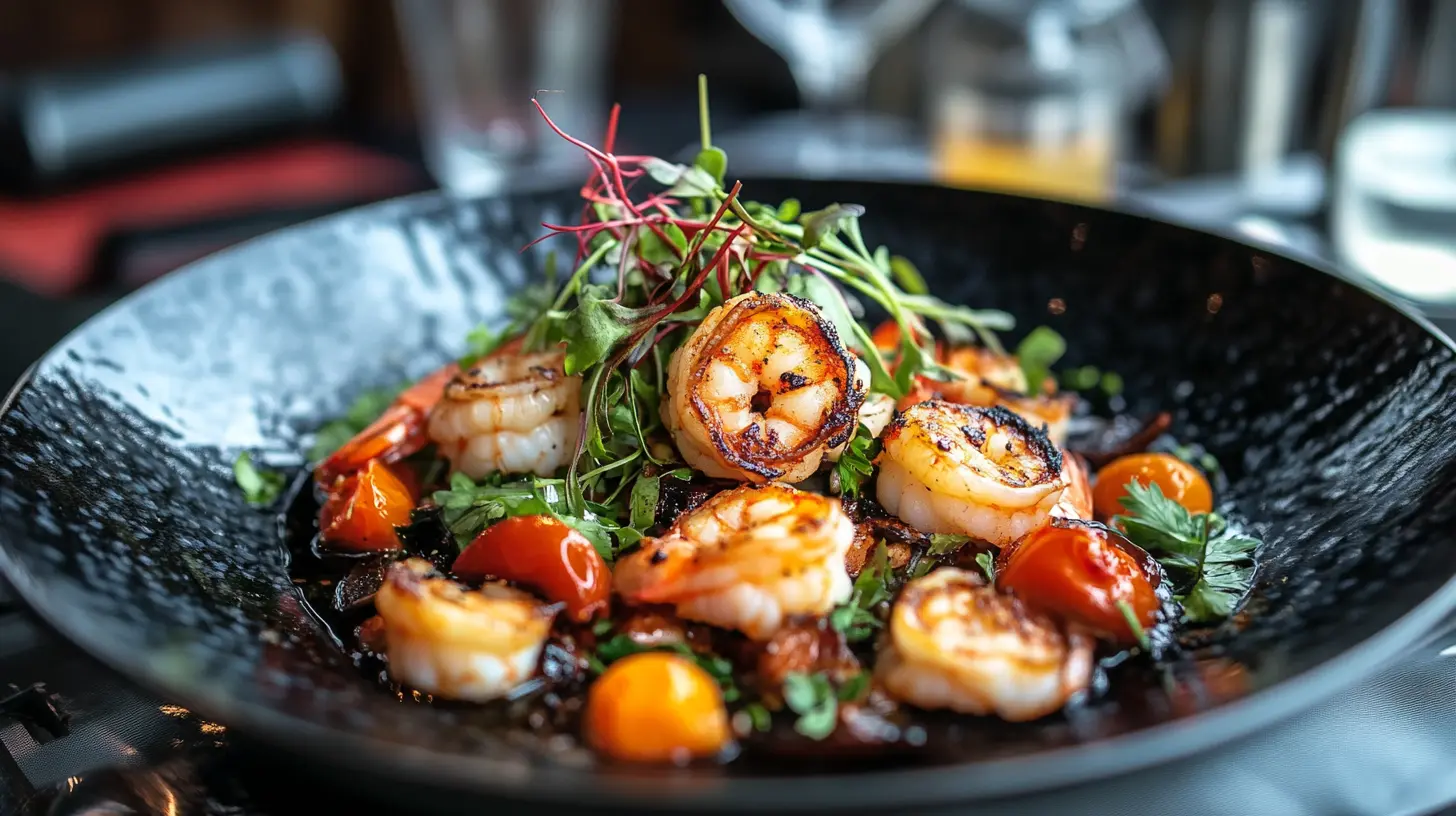 A plate of garlic shrimp served with grilled asparagus, couscous with herbs, and roasted sweet potatoes on a wooden table.