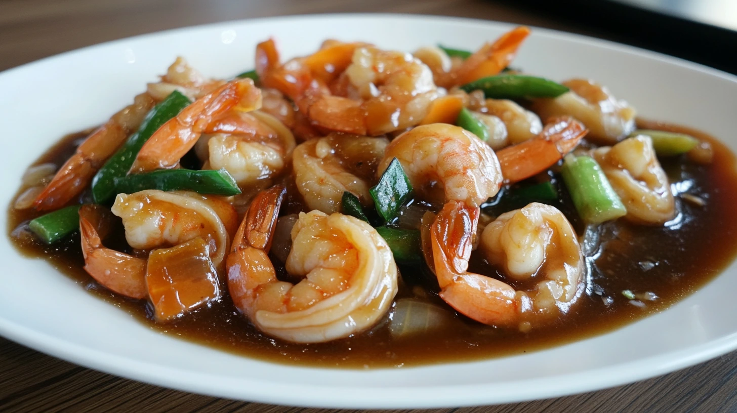 A plate of shrimp in garlic sauce, garnished with fresh parsley and served with steamed rice and vegetables on a rustic wooden table.