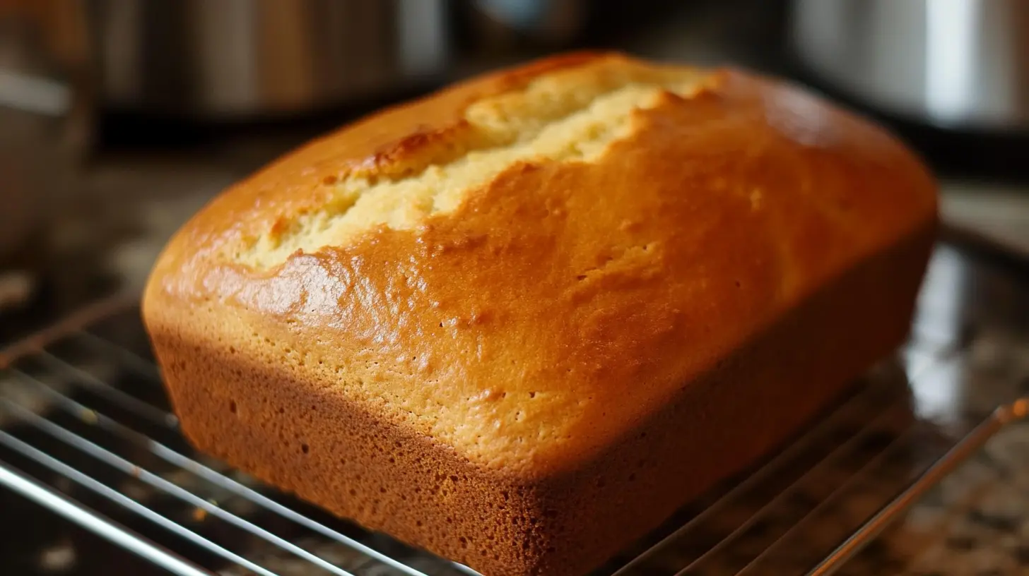 A sliced loaf of banana bread with a dry texture on a wooden cutting board, highlighting common causes and solutions for dryness.