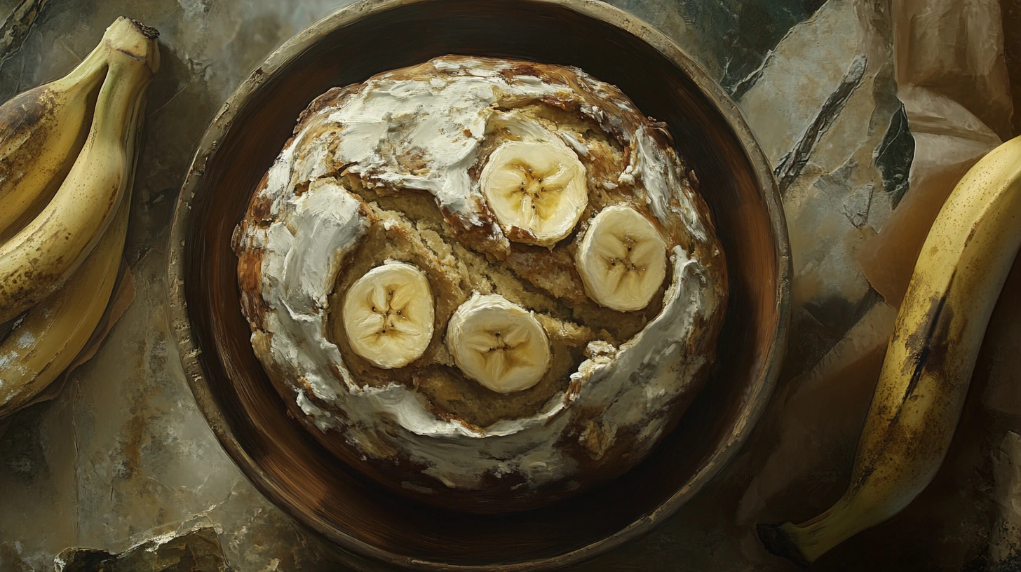A mixing bowl filled with banana bread batter resting on a countertop, surrounded by ripe bananas and baking tools.