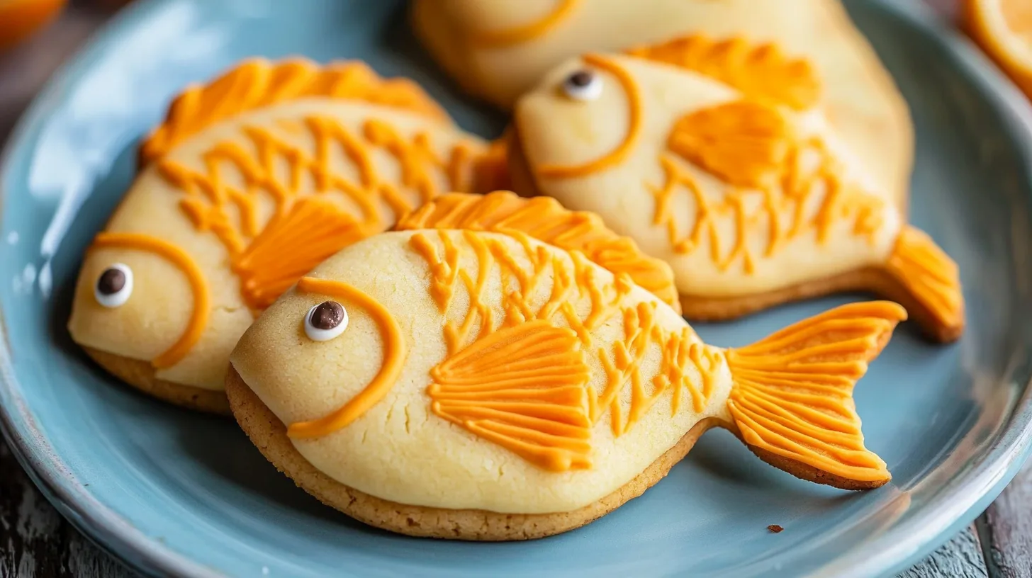 A plate of vibrant orange fish-shaped cookies decorated with colorful edible accents, perfect for a fun and tasty treat.