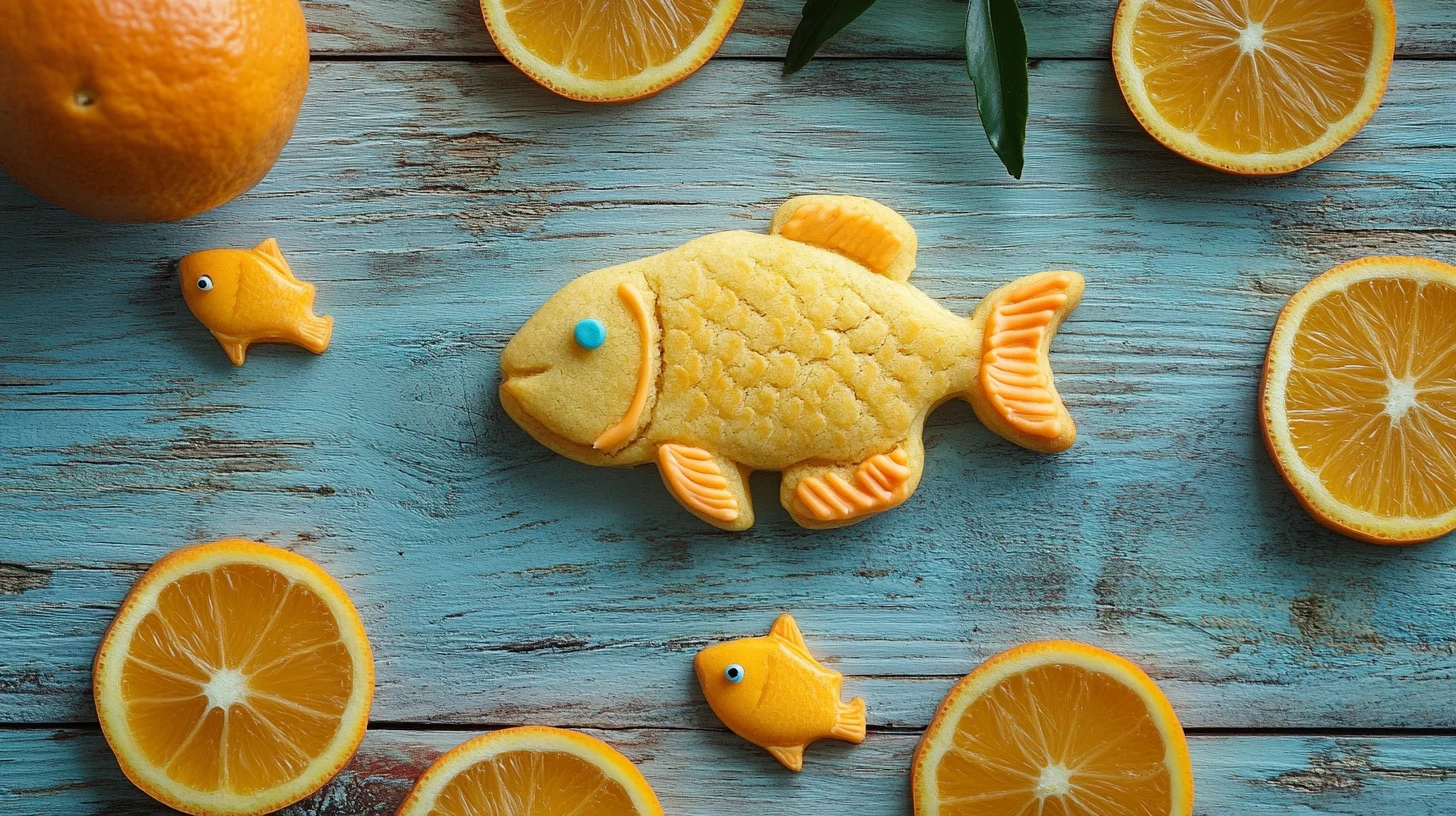 A plate of freshly baked orange fish-shaped cookies with a vibrant citrus glaze, showcasing a fun and easy recipe for all occasions.