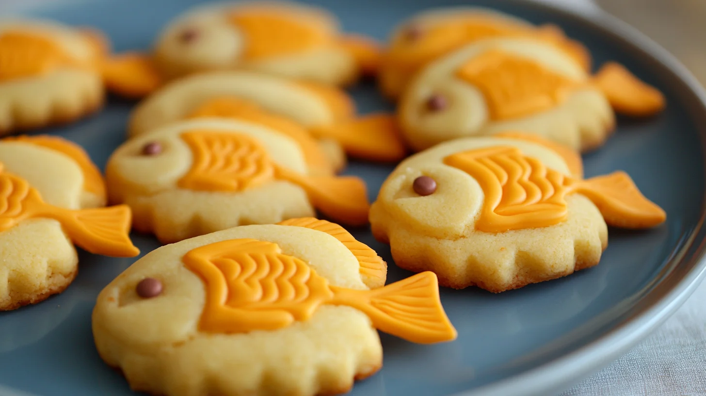 A plate of colorful orange fish-shaped cookies with a citrus glaze, freshly baked and ready to serve, highlighting a fun and easy recipe.