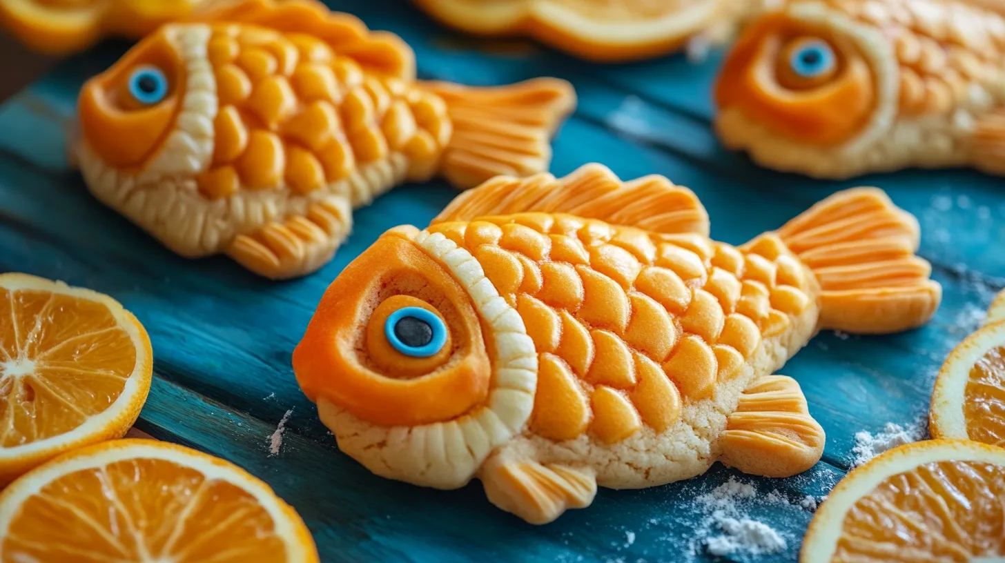 A plate of vibrant orange fish-shaped cookies with a tangy citrus glaze, showcasing The Best Orange Fish Cookies Recipe: Citrusy and Delicious.