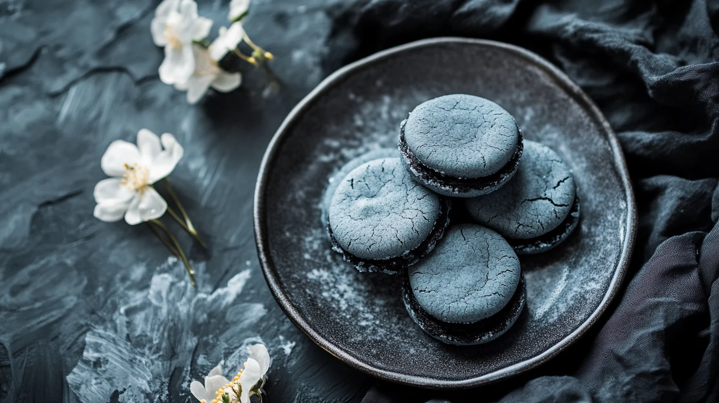 Elegant grey-colored cookies arranged on a white plate with decorative accents, showcasing their unique designs and stylish appeal.