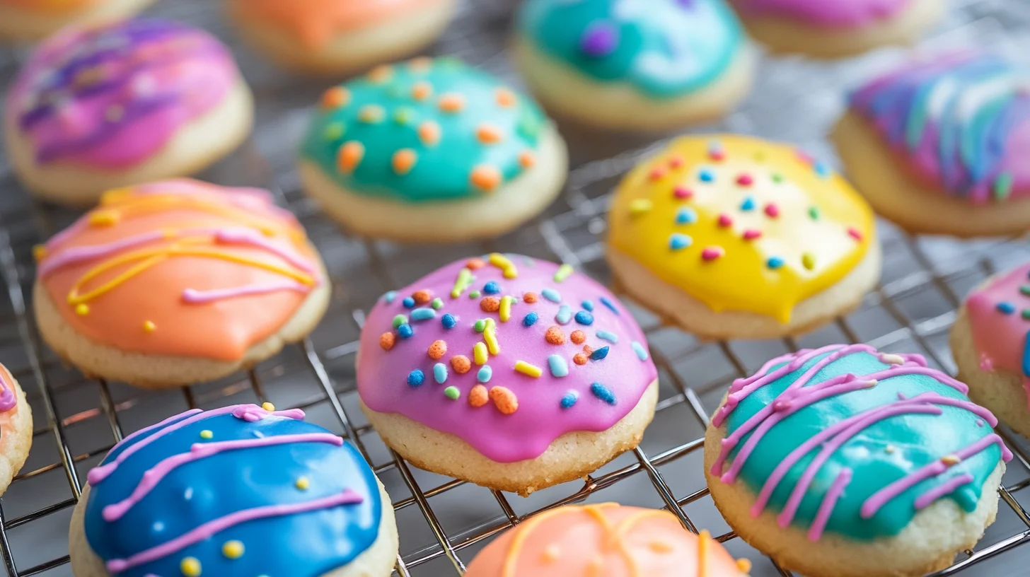 Colorful decorated cookies arranged on a baking tray, showcasing vibrant royal icing designs and creative patterns.