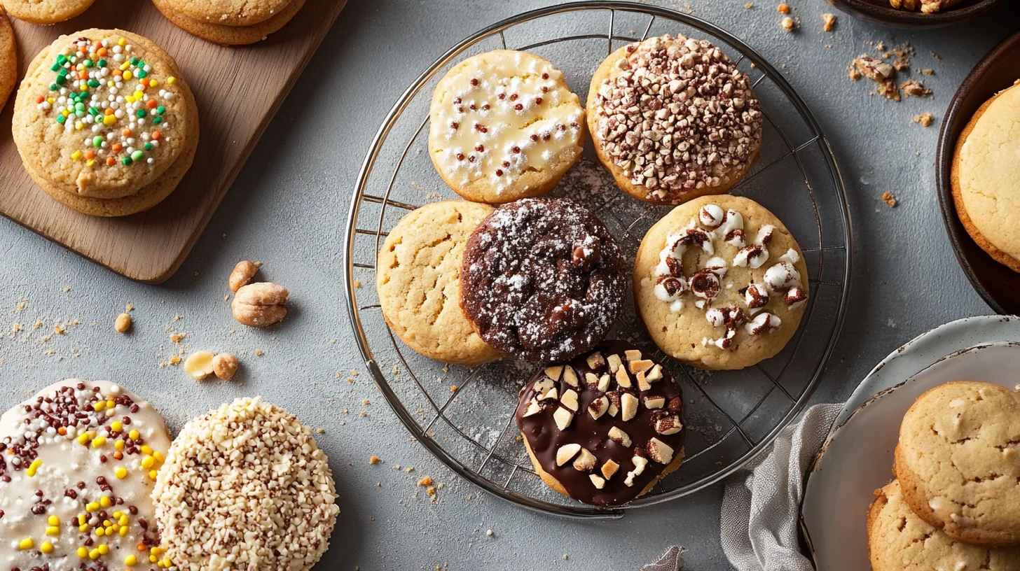 An assortment of popular Italian cookies, including jam-filled Occhi di Bue, fig-stuffed Cuccidati, and sesame-coated Reginelle on a platter.