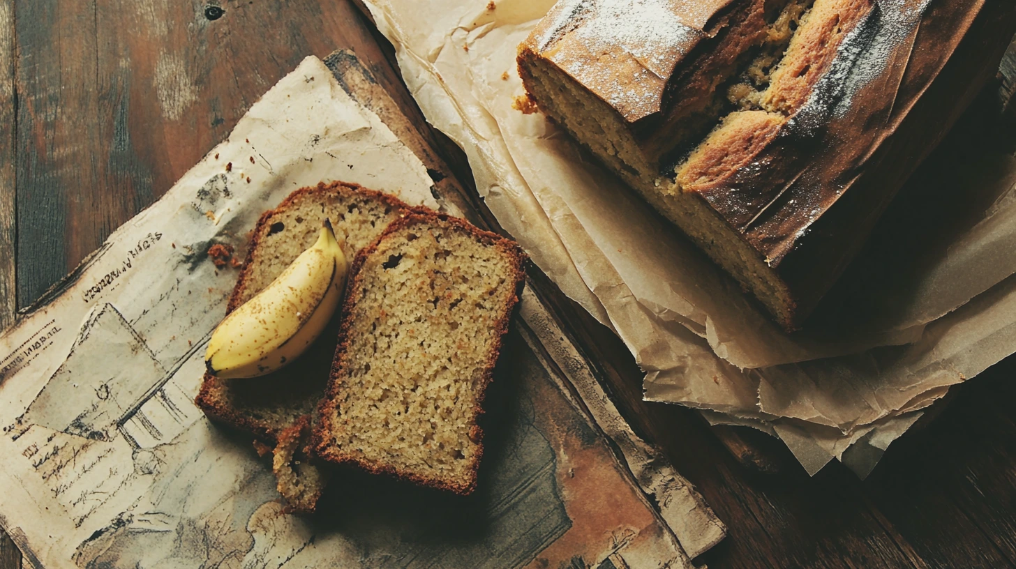 Banana bread batter in a mixing bowl, resting on a wooden countertop with ripe bananas and baking tools nearby.