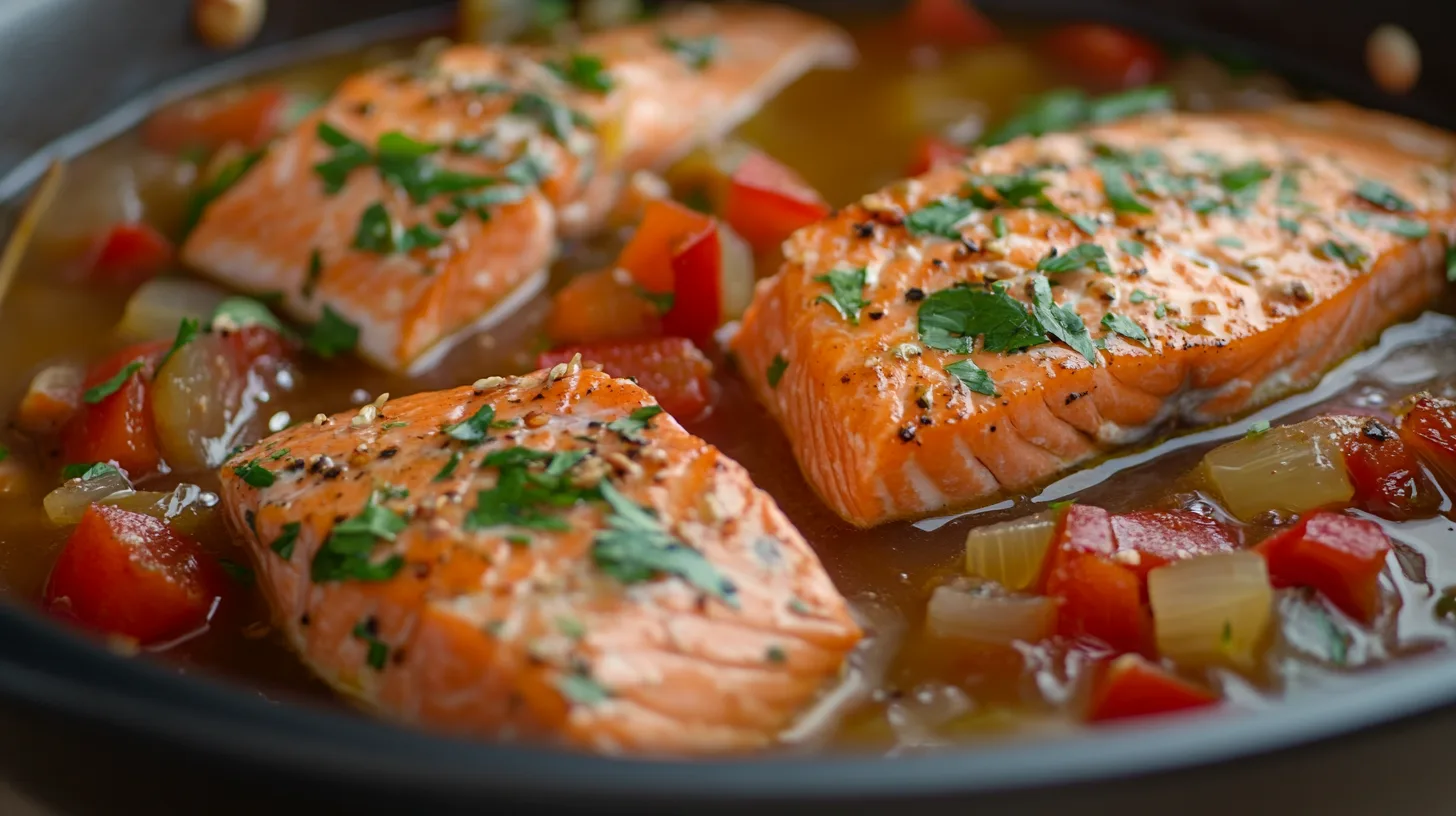 A steaming bowl of salmon stew with vegetables and fresh herbs, served in a rustic dish on a wooden table.