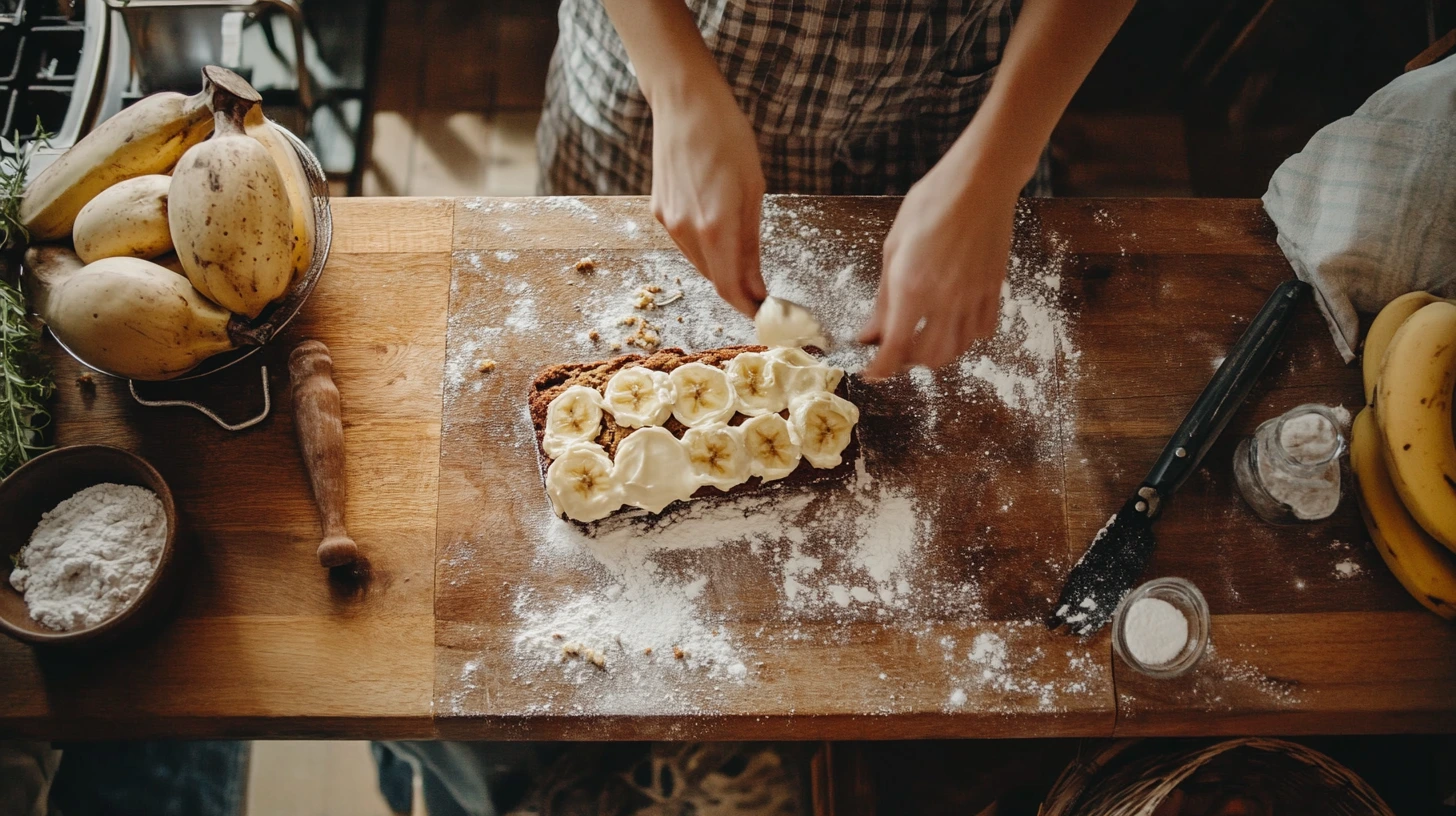 A freshly baked loaf of banana bread, sliced to show its moist texture, surrounded by key ingredients like bananas, flour, and butter.