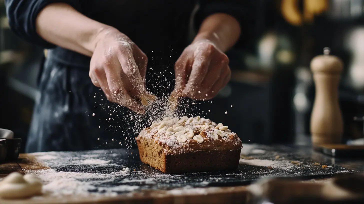 A freshly baked loaf of Chobani banana bread, sliced to reveal its moist texture, served on a wooden board with ripe bananas and Chobani yogurt in the background.