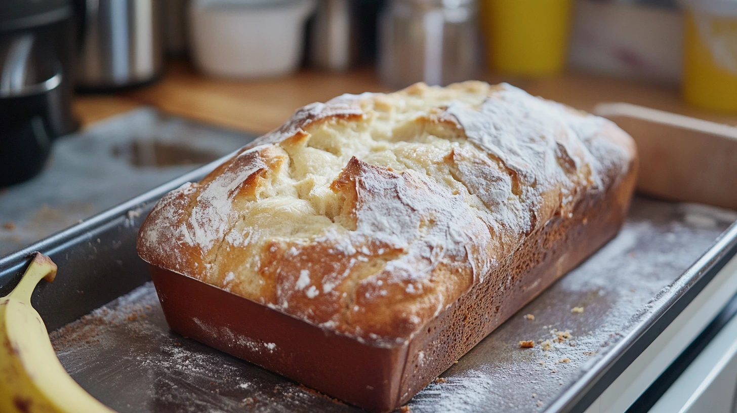 A loaf of banana bread with a golden crust, sliced to show a moist interior, surrounded by ripe bananas and baking ingredients on a wooden table.