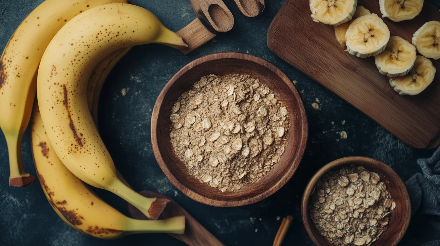 An unevenly baked loaf of banana bread with a dry, crumbly texture, sliced to show the inside, surrounded by baking tools and ingredients.