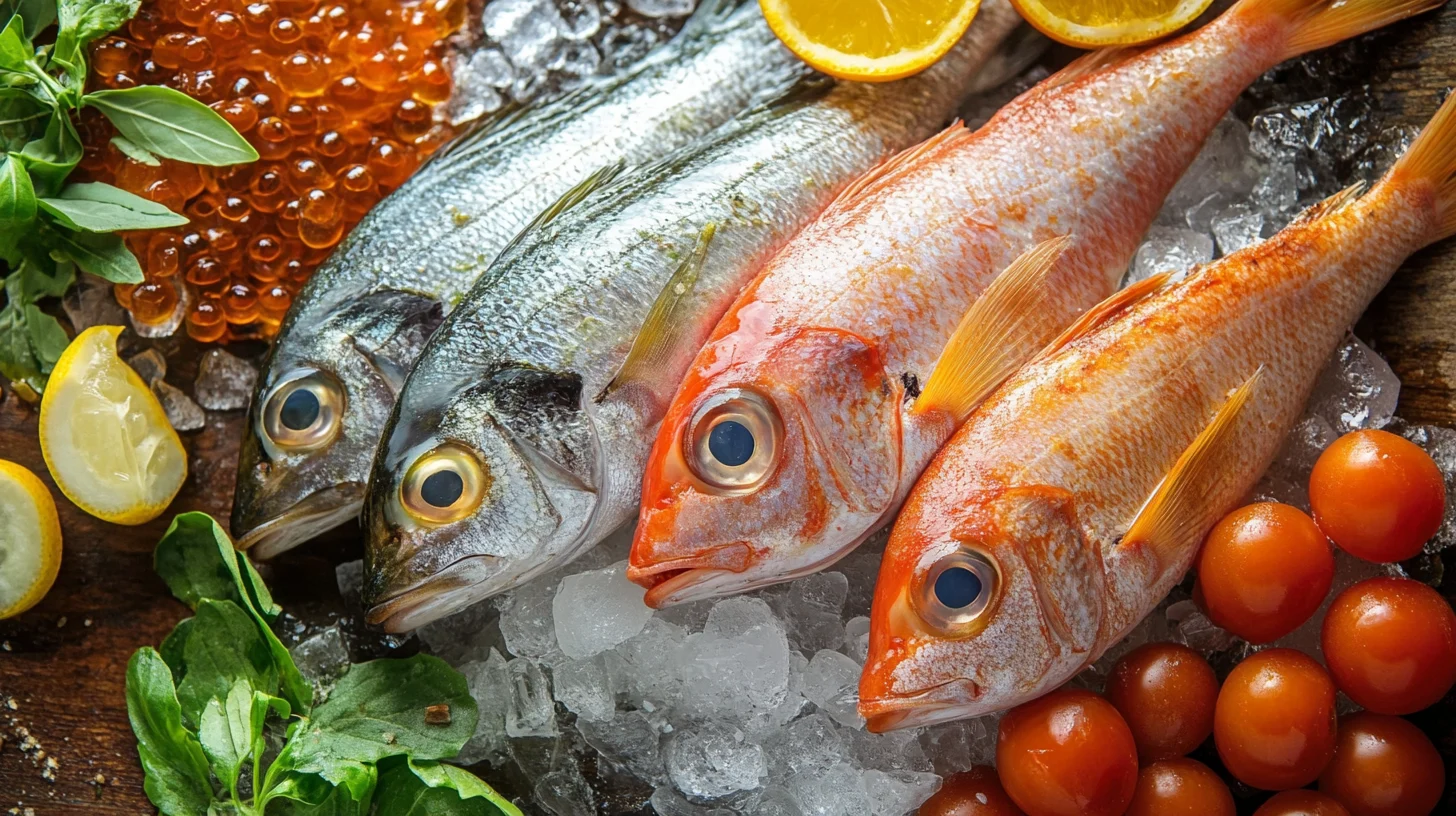 An assortment of fresh fish including salmon, cod, and snapper on a wooden board, ready to be used in a delicious stew.