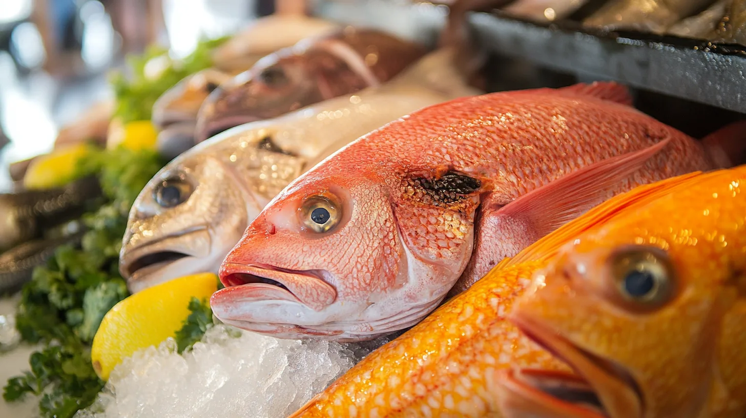 A selection of fresh fish varieties, including salmon, cod, and snapper, displayed on a wooden board for making flavorful stews.