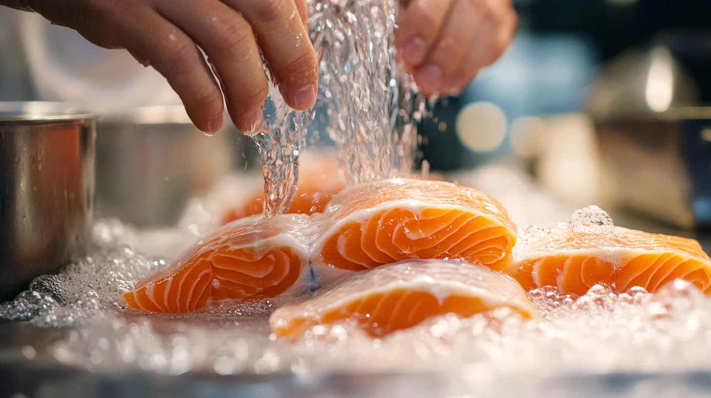 Fresh salmon fillets soaking in a bowl of cold water with lemon slices and dill, demonstrating preparation techniques.