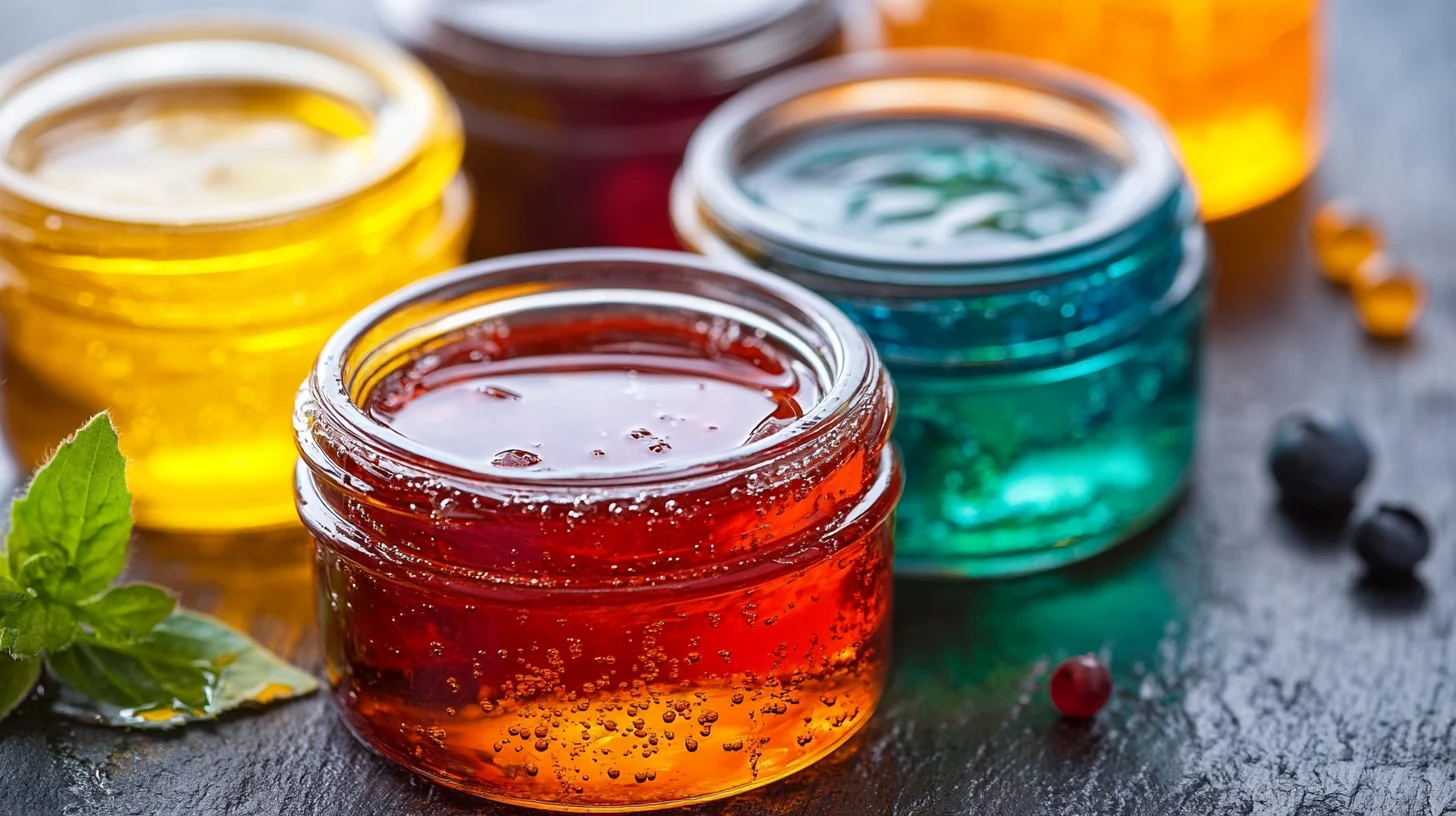 Homemade glycerin being poured into a glass jar, surrounded by baking tools and ingredients, illustrating the glycerin-making process.