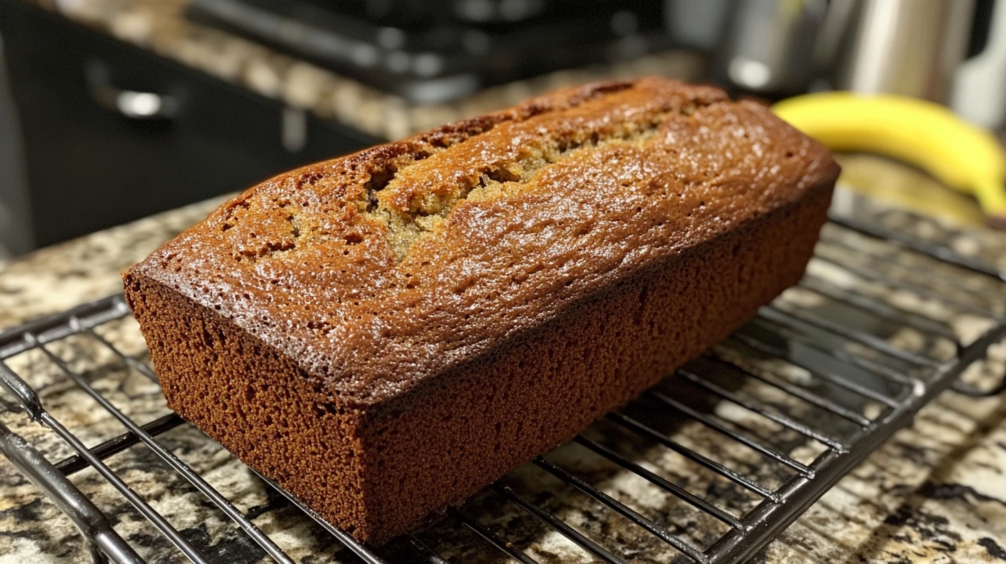 A sliced loaf of banana bread with uneven texture, highlighting common mistakes in baking, surrounded by ripe and underripe bananas.